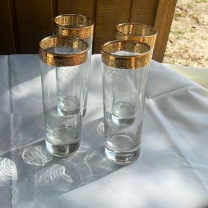 Cellini Crystal Gold Gilded Needle Etched Highball Glasses  4 Pcs